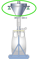 Tr&eacute;mie de pes&eacute;e suspendue au-dessus d'une station de remplissage de sacs